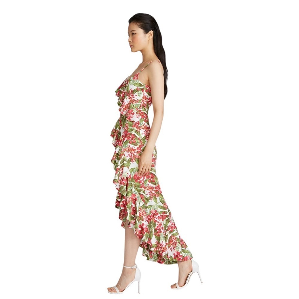 AMUR Womens Dress Deborah Tropical Floral Print Midi Ruffle High Low Size 10 - Picture 3 of 16